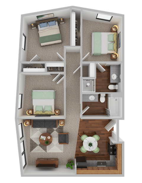 Floor plan for 3 beds, 2 baths, 1067 sqft